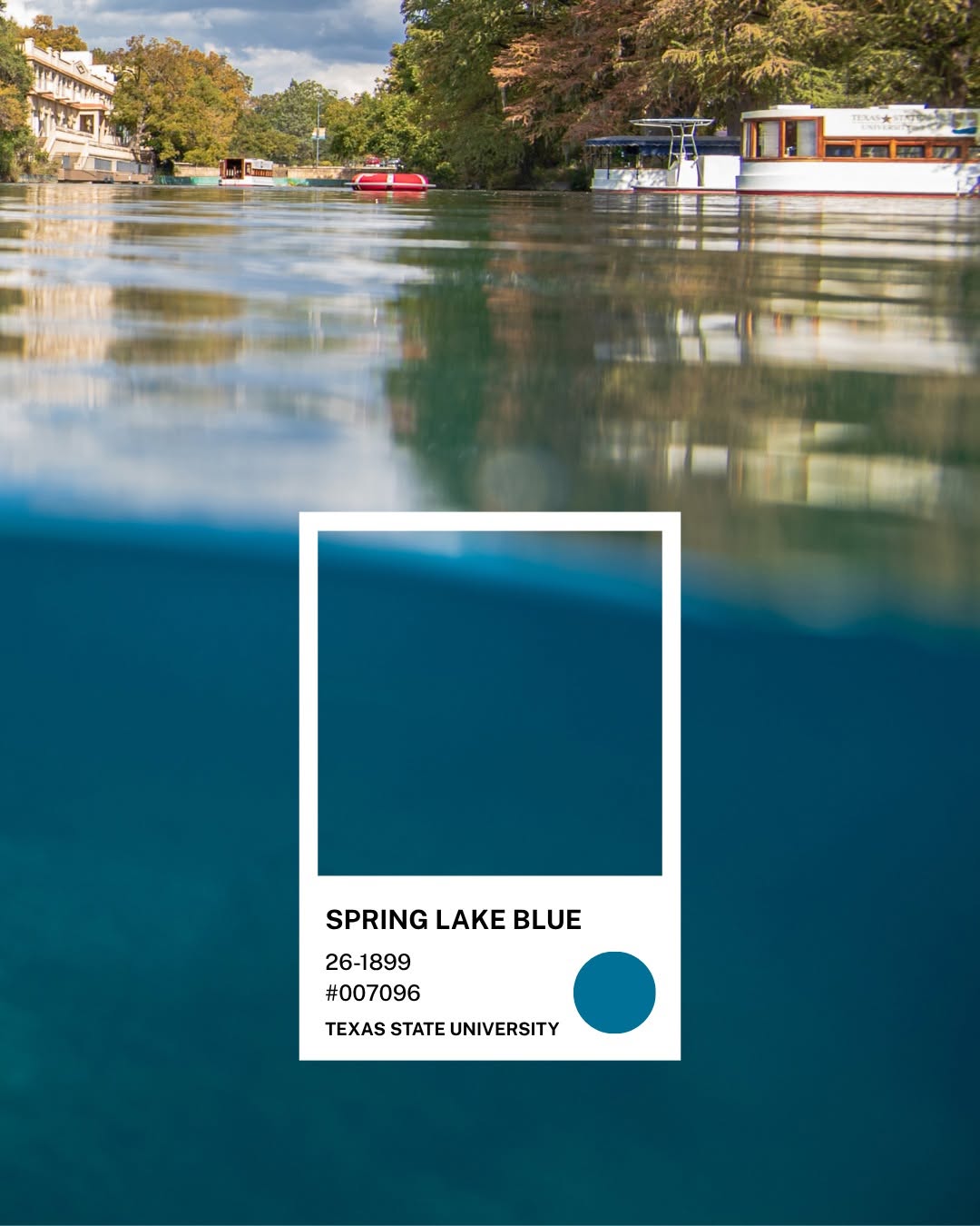 Mặt cắt trên và dưới nước hồ Spring Lake với thuyền đáy kính của Texas State — chip màu Spring Lake Blue #007096
